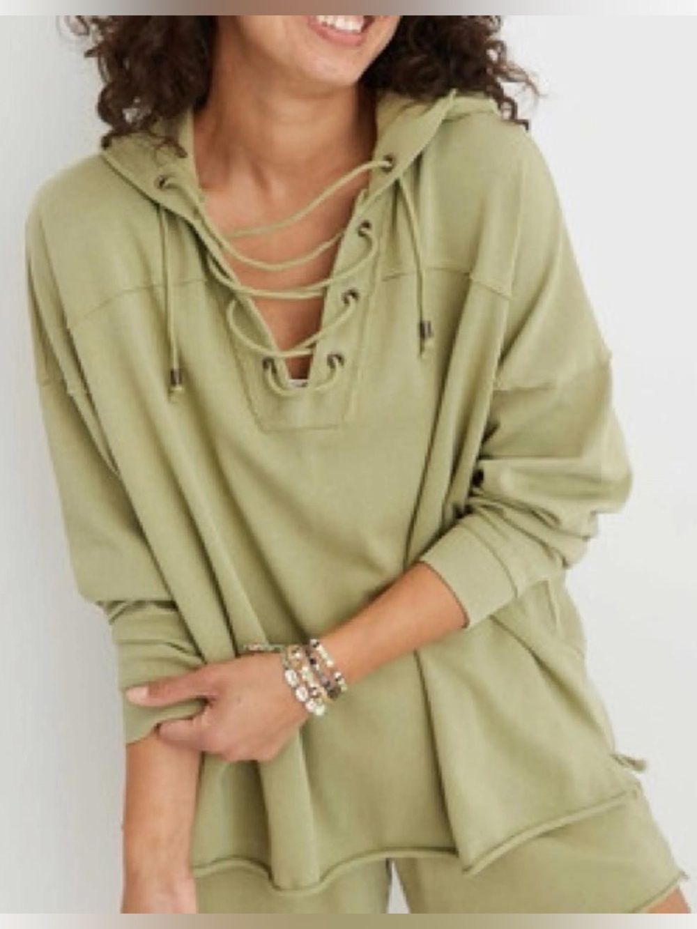 💚 Aerie Sunday Soft Lace-Up Oversized Hoodie Sage Green M Boho Costal Athleisure